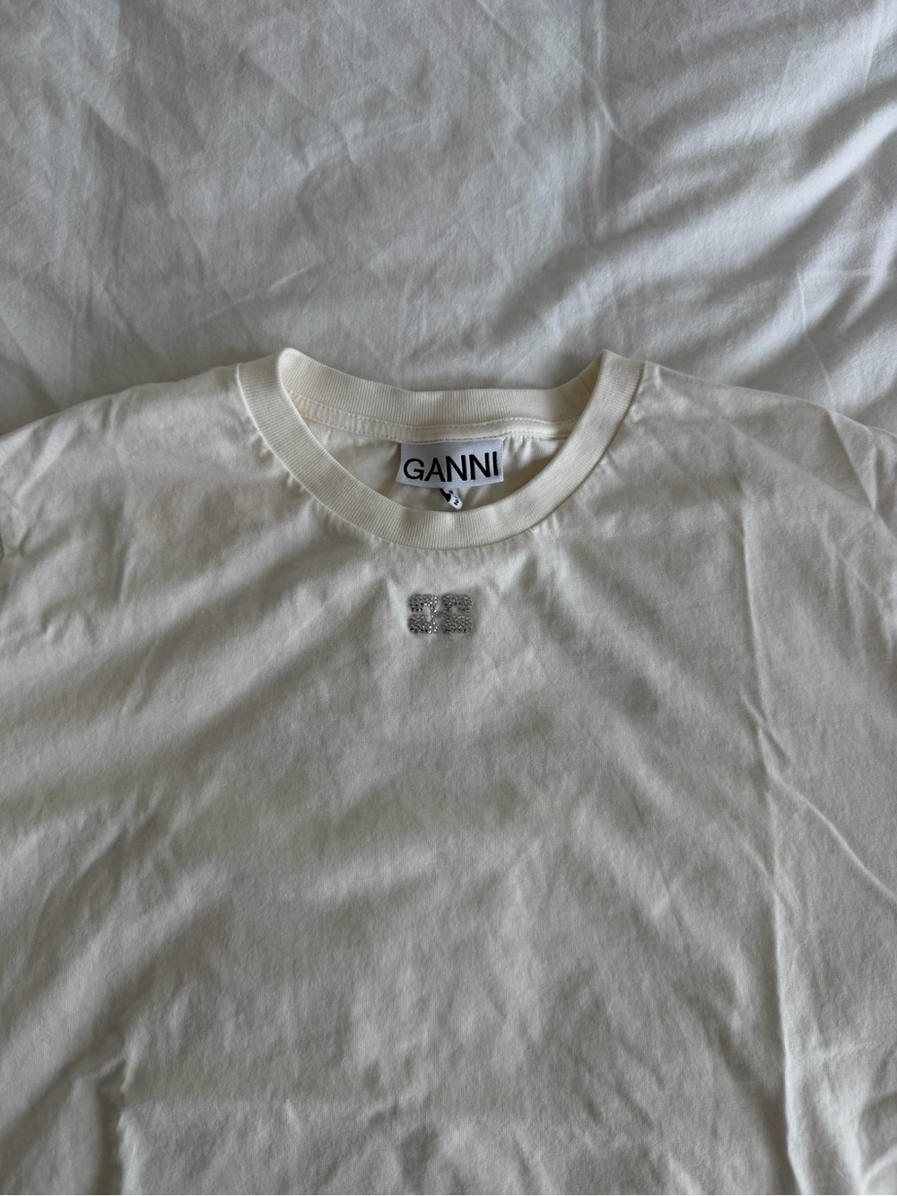 Ganni Cream Tee with rhinestone details